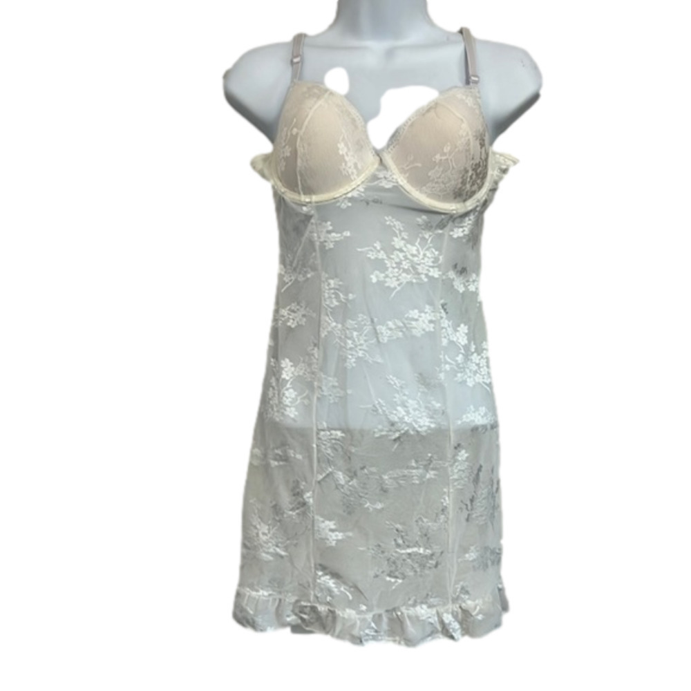 NWOT, RAMPAGE, White, Night Wear, Teddy Dress, Size M, Sheer, Padded Bra, Floral